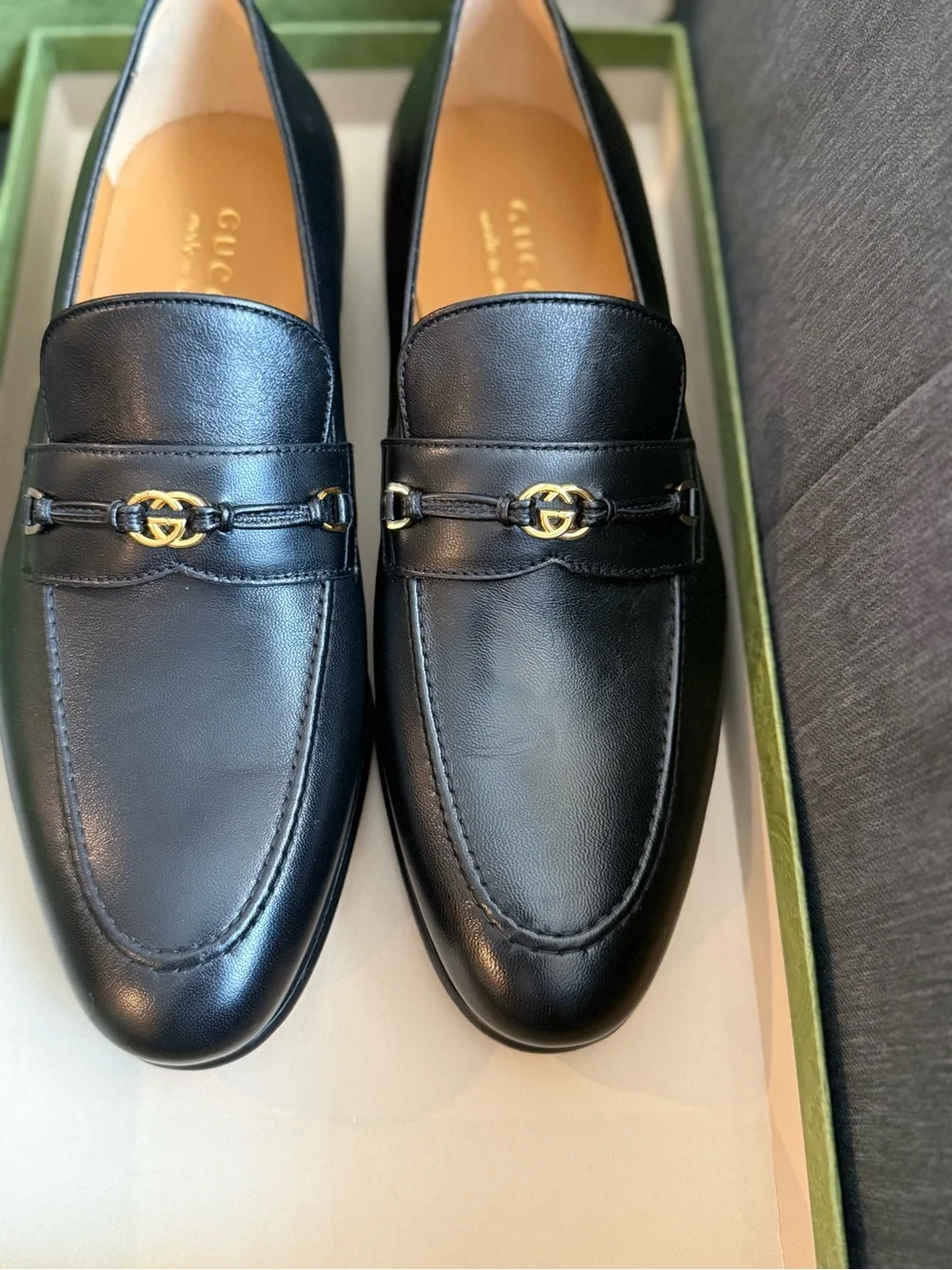 Gucci Black Leather Men’s Horsebit Penny Loafers with Gold Hardware